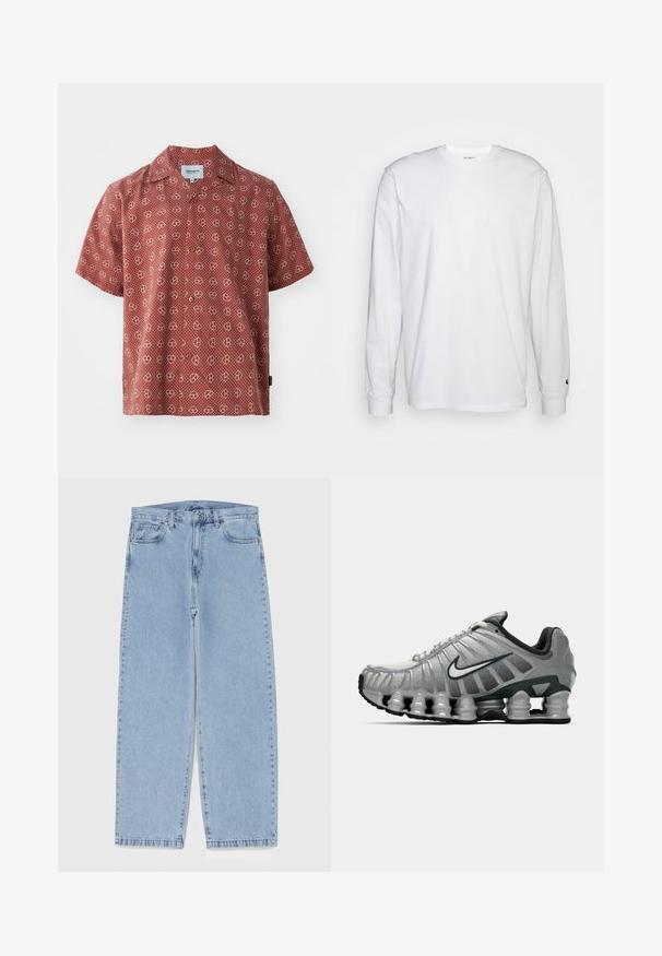 Sarkans īsām piedurknēm ar baltu sirdi un punktiņotā rakstā. Izgatavota no viegla auduma, ar pogājamu priekšpusi un parastu apkakli.; Balta garām piedurknēm T-kreklā, kas izgatavots no kokvilnas. Arapa kakla dizains ar ribotām aprocēm un mazu logotipu uz kreisās piedurknes. Gluda tekstūra.; Gai zila džinsu bikses ar taisnu kāju dizainu, kas piedāvā vidēju vidukļa augstumu, piecas kabatas un pogas un rāvējslēdzēja aizdari.; Pelēki un melni Nike skriešanas apavi ar redzamu atsperveida amortizāciju zem zoles un balto swoosh logo sānos.