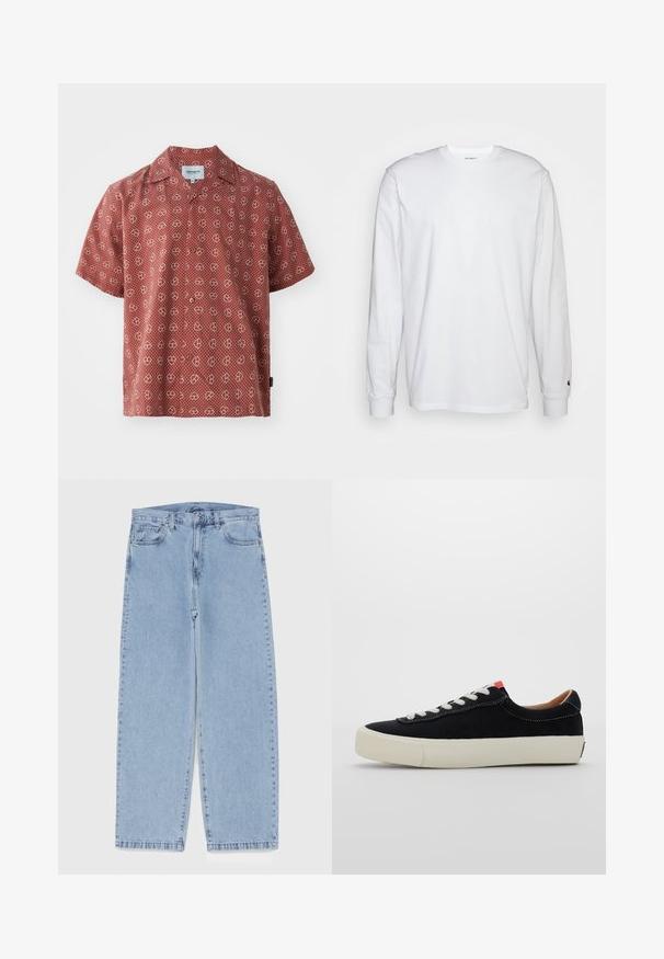 Sarkans īsām piedurknēm ar baltu sirdi un punktiņotā rakstā. Izgatavota no viegla auduma, ar pogājamu priekšpusi un parastu apkakli.; Balta garām piedurknēm T-kreklā, kas izgatavots no kokvilnas. Arapa kakla dizains ar ribotām aprocēm un mazu logotipu uz kreisās piedurknes. Gluda tekstūra.; Gai zila džinsu bikses ar taisnu kāju dizainu, kas piedāvā vidēju vidukļa augstumu, piecas kabatas un pogas un rāvējslēdzēja aizdari.; Melnas auduma sporta apavi ar baltām šņorēm, bēša gumijas zole un sarkans akcents papēdī. Apaļa purngala forma un minimālistisks šuvju dizains.