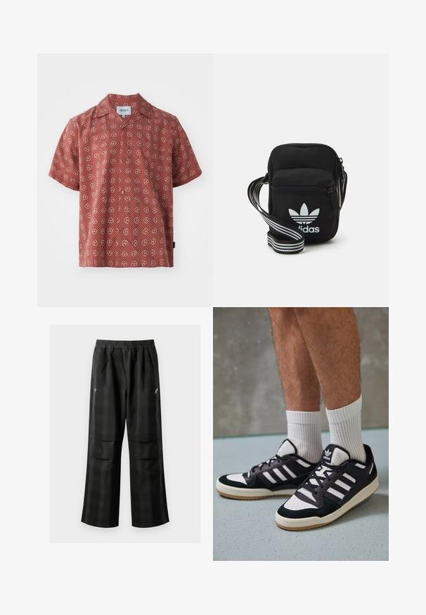 Camisa de manga corta en rojo con un patrón de corazones blancos y puntos. Fabricada en tejido ligero con cierre de botones en la parte delantera y cuello regular.; Pantalones de cuadros negros con cintura elástica, dos bolsillos frontales y un ajuste holgado con diseño de pierna recta. Fabricados en material ligero.; Zapatillas en blanco y negro con parte superior de ante y cuero, que presentan tres franjas blancas, una puntera perforada y una suela de goma.; Bolso cruzado de tela negra con cierre de cremallera, que presenta un logo blanco de Adidas y una correa ajustable a rayas para un fácil transporte.