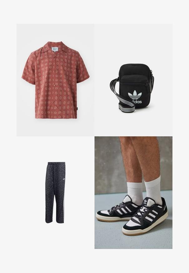 Majica s kratkimi rokavi v rdeči barvi z belim srčkom in pikčasto obrobo. Narejena je iz lahkega materiala s sprednjim gumbom in rednim ovratnikom.; Črne športne hlače z vzorcem leoparda, ki imajo bele tri črte in logo športne blagovne znamke na strani.; Črno-bele superge z zgornjim delom iz usnja in nubuka, ki imajo tri bele črte, perforiran vrh prstov in podplat iz gume.; Črna tkaninska torbica čez ramo z zadrgo, ki vsebuje belo Adidasovo logo in pridelano naramnico z več črtami za enostavno nošenje.