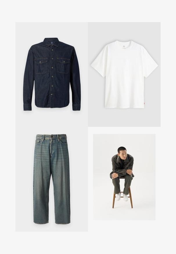 Mørk denimskjorte med lange ermer, knappelukking på fronten, to brystlommer, spiss krage og kontraststing. Myk tekstur og klassisk passform.; Hvit t-skjorte med korte ermer laget av bomull, med rund hals. Har diskret preget logo detalj foran og en rød etikett på kanten.; Lyseblå denimjeans med løs passform, midjehøyde og rette ben. Har fem lommer, beltehemper og knappelukking.; Brun skinnjakke med bred krage, kombinert med mørkegrønne jeans og hvite sneakers. Modellen sitter på en trestol.