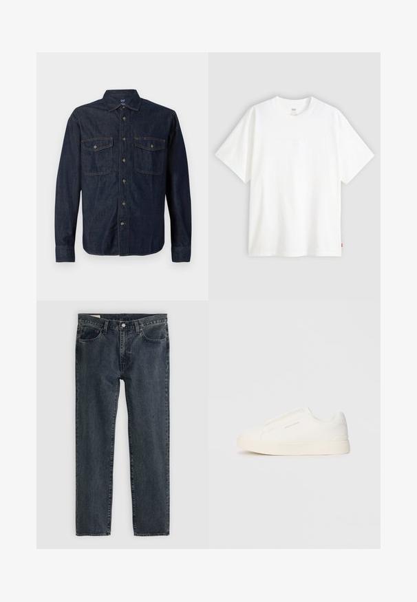 Tumesinine teksasülikond pika varrukaga, nööpide ees, kaks rinna taskut, terav krae ja kontrastne õmblemine. Pehme tekstuur ja klassikaline sobivus.; Valge lühikeste varrukatega puuvillane T-särk, millel on ümmargune kaelus. Ees on peene reljeefse logoga detail ja hemmi peal punane silt.; Tumedat sinised teksapüksid sirge jalaga disainiga, viie taskuga ja nupuga sulgemine. Kanga peal on peenheledus ja tekstuur.; Valged libisemiskindlad tossud tekstuuriga pinnaga, paksu tallaga ja minimalistikus disainis. Küljel on brändi logo.