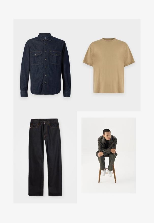 Temna denim srajca z dolgimi rokavi, z gumbom spredaj, dvema žepoma na prsih, koničastim ovratnikom in kontrastnim šivom. Mehka tekstura in klasičen kroj.; Khaki majica s kratkimi rokavi, izdelana iz mehkega materiala, z okroglo ovratnico in sproščenim krojem. Brez vzorcev ali grafik.; Moške črne kavbojke ravnega kroja z petimi žepi in oranžnim šivanjem, z gumbom in zadrgo na sprednjem pasu.; Rjav usnjen jopič s širokim ovratnikom, v kombinaciji s temno zelenimi kavbojkami in belimi športnimi čevlji. Model sedi na lesenem stolu.