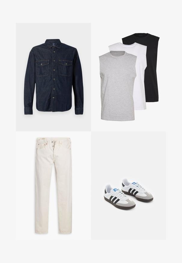 Camisa de ganga escura com mangas longas, fecho à frente com botões, dois bolsos no peito, colarinho pontiagudo e costura em contraste. Textura suave e corte clássico.; Três t-shirts sem mangas em cinza, branco e preto. Material de algodão macio com decote redondo e corte descontraído. Design simples, sem padrões.; Jeans de corte slim de cintura alta off-white com fecho de botão, cinco bolsos e rebites de cobre, dispostos sobre um fundo branco.; Ténis desportivos com um cabedal em pele branca, biqueira em camurça cinza e três riscas pretas. Apresenta um logo azul na língua e uma sola de borracha texturizada.