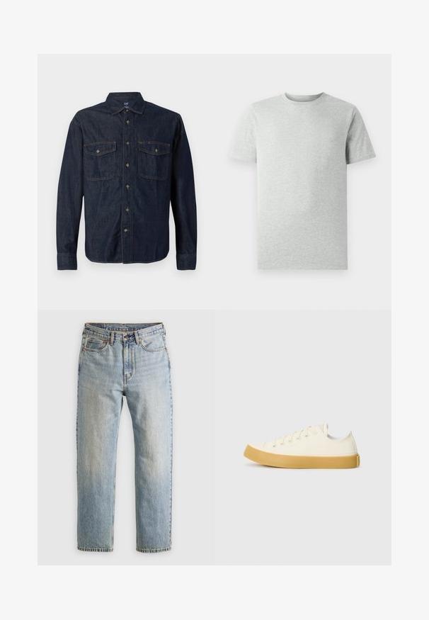 Donkere spijkerhemel met lange mouwen, knoopsluiting aan de voorkant, twee borstzakken, spitse kraag en contrasterende stiksels. Zachte textuur en klassieke pasvorm.; Effen lichtgrijze T-shirt met korte mouwen en ronde hals, weergegeven op een witte achtergrond, frontaanzicht zonder zichtbare logo's of ontwerpen.; Lichtblauwe denim jeans met hoge taille, frontknop, rits en vijfzakkenontwerp, plat gelegd op een neutrale achtergrond.; Canvas sneakers in off-white met een ronde neus, voorzien van beige rubberen zolen en vijf oogjes voor veters, met een gestructureerde afwerking op de bovenkant.