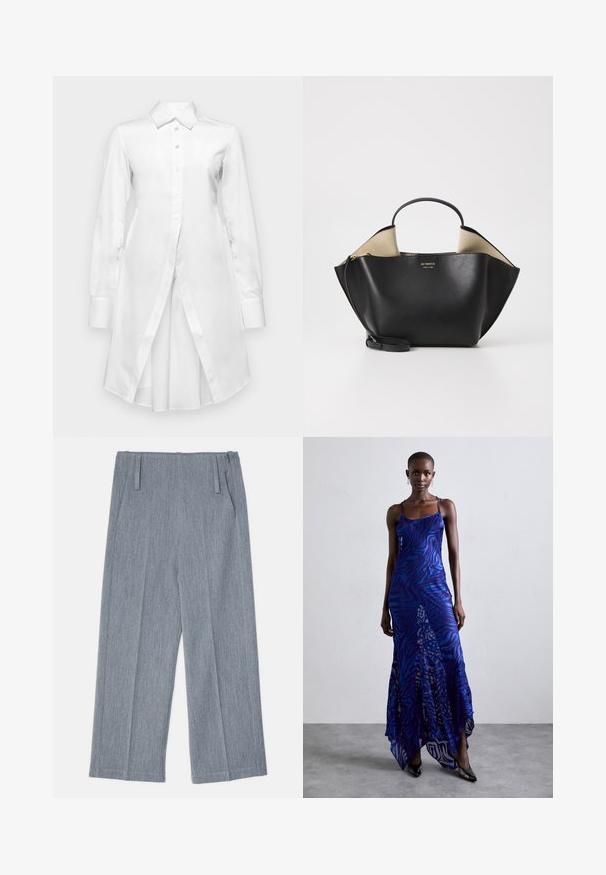 White long-sleeve shirt dress made of smooth fabric, featuring a button front, pointed collar, and an asymmetrical hem with side slits.; Light gray, wide-leg trousers made of textured fabric, featuring two front pleats and two side pockets. Clean, tailored design.; Blue and purple animal print maxi dress with thin straps, a fitted bodice, flared hem, and sheer overlay detailing.; Ree Projects ANN TOTE MINI - Handbag - black