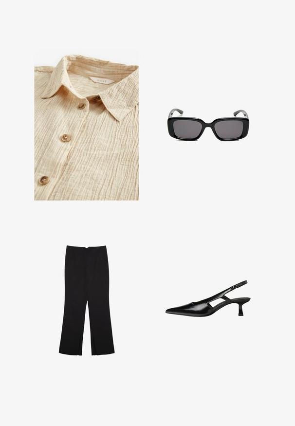 Beige Button-Up-Hemd aus strukturiertem, zerknittertem Stoff. Mit einem Kragen und fünf braunen Knöpfen auf der Vorderseite. Etikett innen sichtbar.; Schwarze Hose mit geradem Schnitt, ausgestattet mit Fronttaschen und Seitenschlitzen am Saum. Hergestellt aus weichem, glattem Stoff. Geeignet für verschiedene Anlässe.; Schwarze Lackleder-Slingback-High Heels mit spitzer Zehenform, ausgeschnittenem Seitendesign und kleinem Blockabsatz. Glatte Textur mit minimalen Akzenten.; Schwarze rechteckige Sonnenbrille mit dunklen Gläsern, glattem Kunststoffrahmen und gebogenen Bügeln. Das Design ist klobig mit einer minimalistischen Ästhetik.