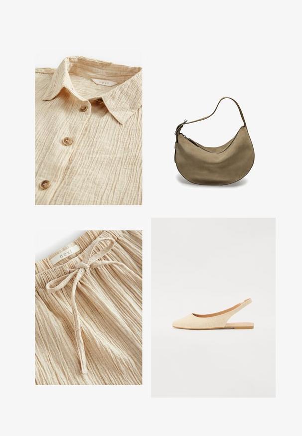 Beige Button-Up-Hemd aus strukturiertem, zerknittertem Stoff. Mit einem Kragen und fünf braunen Knöpfen auf der Vorderseite. Etikett innen sichtbar.; Beige Textur-Shorts mit einem gerafften Bund und einem Front-Knoten-Detail, aus leichtem Stoff mit feinen, vertikalen Streifen.; Beige Slingback-Flats mit spitzer Zehenpartie, aus strukturiertem Stoff gefertigt, mit einer flexiblen, niedrigen Sohle und einem offenen Fersen-Design.; Braune Wildleder-Hobo-Tasche mit geschwungener Form, einfachem Schulterriemen, Reißverschluss und glatter Textur. Schlichtes Design mit minimalen Hardware-Details.