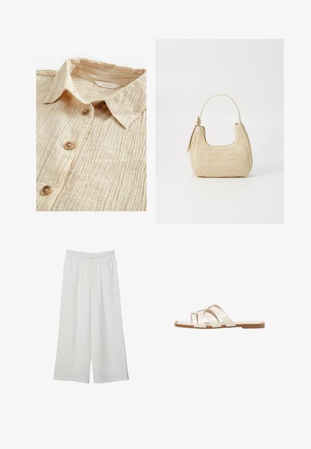 Beige knap-up skjorte med en tekstureret, krøllet stof. Har en krave og fem brune knapper foran. Etiket synlig indeni.; Hvide vidde bukser lavet af letvægtsstof, med en elastisk talje og snøre for justerbar pasform. Glat tekstur.; Flade sandaler med en lys gummisål, designet med tre overlappende hvide læderremme og en lille sløjfe detalje i midten.; Vævet stråhåndtaske i beige med en buet form, en kort håndtag og en sidelomme med lynlås. Har tekstureret overflade og minimalistisk design.