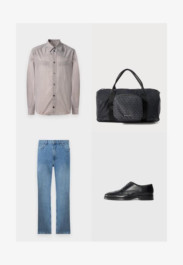 Pasiasta koszula zapinana na guziki w jasnych kolorach, z klasycznym kołnierzykiem, dwiema kieszeniami na piersi oraz długimi rękawami. Gładka tekstura z subtelnym połyskiem.; Jasnoniebieskie dżinsy o prostym kroju, pięć kieszeni, zamek błyskawiczny i kontrastowe szwy. Tkanina ma gładkie, teksturowane wykończenie.; Czarne skórzane buty eleganckie z zaokrąglonym czubkiem, gładką powierzchnią, sznurowanym designem oraz subtelnym przeszyciem, wyposażone w niski, płaski obcas.; Czarna torba sportowa Michael Kors z podwójnymi uchwytami, przednia kieszeń na zamek z powtarzającym się wzorem logo MK i brandingiem Michael Kors.