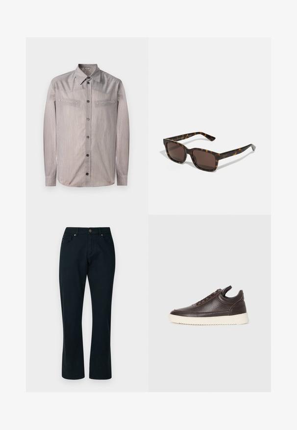 Gestreepte overhemden in lichte kleuren, met een klassieke kraag, twee borstzakken en lange mouwen. Soepele textuur met een subtiele glans.; Zwarte jeans met een rechte pijpontwerp, gemaakt van denim stof. Bevat vijf zakken, een metalen knoop en contrasterende stiksels.; Donkerbruin gestructureerd leren sneaker met vetersluiting en een witte gegroefde rubberen zool tegen een effen lichte achtergrond.; Gucci zonnebril met vierkante, schildpadachtige kunststof monturen en bruine lenzen. Voorzien van subtiele branding op de pijlen.