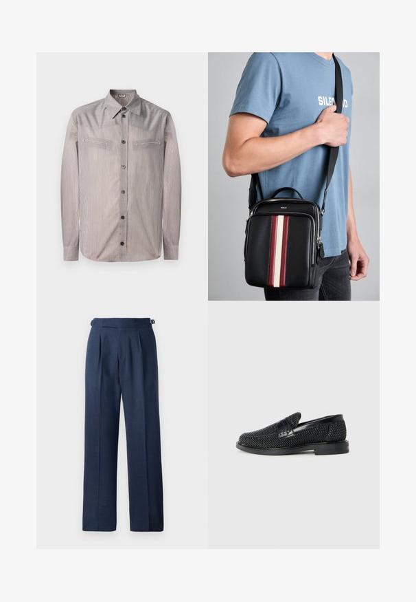 Pruhovaná košeľa na gombíky v svetlých farbách s klasickým golierom, dvoma náprsníkmi a dlhými rukávmi. Hladká textúra s jemným leskom.; Navy modré nohavice na mieru, vyrobené z textúrovanej tkaniny, s vysokým pásom, skladaním a nastaviteľnými bočnými popruhmi pre lepšie prispôsobenie.; Čierne tkané slip-on topánky s hladkým koženým akcentom na vrchnej časti, s okrúlym dizajnom špičky a nízkoprofilovou gumovou podrážkou.; Čierna kožená crossbody taška s červenými, bielymi a béžovými vertikálnymi pruhmi. Disponuje hornou rukoväťou a nastaviteľným popruhom. Viditeľné zapínanie na zips.