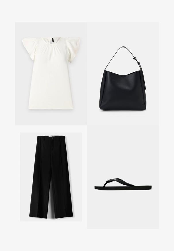 Biała bluzka z krótkim rękawem, z marszczonym dekoltem i falbaniastymi rękawami, z subtelnymi przeszyciami na ramionach. Gładka tekstura.; Czarne spodnie szerokie, wykonane z lekkiego materiału, z zapięciem na guzik z przodu i gładkim przodem, z starannie wykończonymi brzegami.; Czarne gumowe klapki z teksturowanym paskiem i prostą płaską podeszwą, przedstawione z boku na jasnym jednolitym tle.; Czarna skórzana torba hobo z pojedynczym paskiem na ramię, gładka faktura, zwężający się górny kształt i minimalistyczny design bez widocznych elementów metalowych.