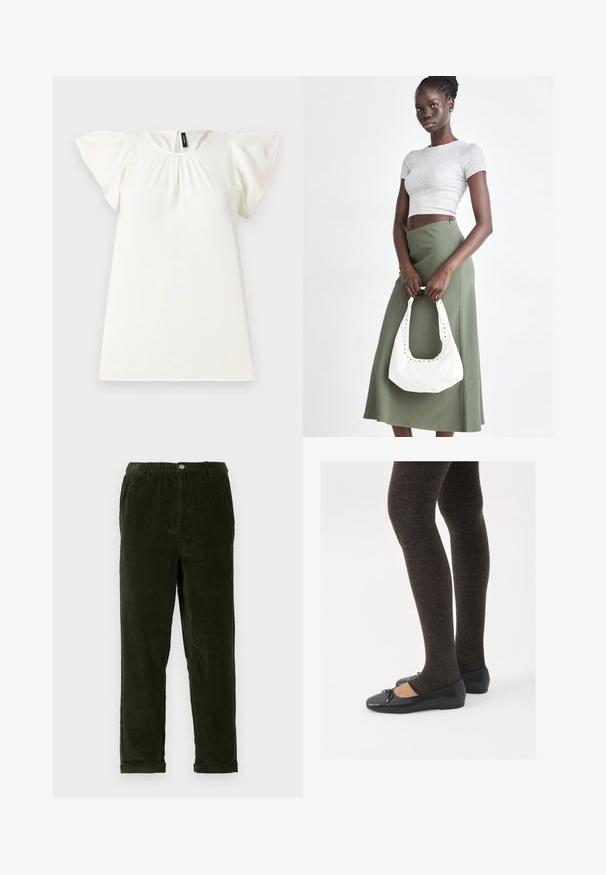 Biała bluzka z krótkim rękawem, z marszczonym dekoltem i falbaniastymi rękawami, z subtelnymi przeszyciami na ramionach. Gładka tekstura.; Ciemnozielone spodnie z sztruksu o fakturowanym wykończeniu, z elastycznym pasem, przednimi kieszeniami i zwężonymi nogawkami.; Czarne płaskie buty z małym kokardkowym detalem na palcach, zestawione z ciemnobrązowymi rajstopami w prążki. Buty mają gładką teksturę i niski profil.; Szary prążkowany crop top i oliwkowa spódnica o wysokim stanie. Modelka trzyma białą torebkę na ramię z wycięciami. Prosty design, dopasowany krój.
