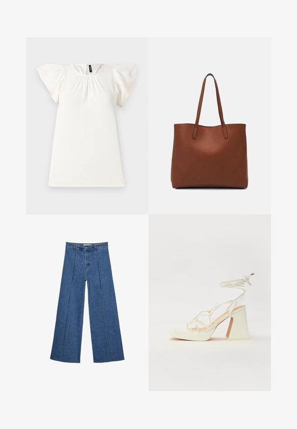 Bílý krátký rukáv top s nařaseným výstřihem a volánovými rukávy, s jemnými stehy na ramenech. Hladká textura.; Džíny s širokými nohavicemi v středně modré barvě, se zvýšeným pasem, knoflíkovým zapínáním a kontrastními vertikálními švy vpředu.; Bílé sandály na vysokém podpatku s robustním podpatkem, s designem s pásky a zavazováním kolem kotníku. Hladký povrch s platformou vpředu pro zvýšení výšky.; Hnědá kožená taška přes rameno s hladkou texturou, otevřeným designem a dvěma ramenními popruhy. Obsahuje minimální švy a žádné viditelné kovové prvky.