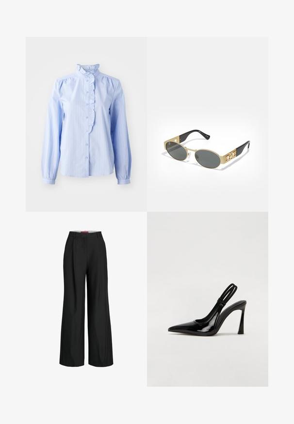 JDY JDYMIO FRILL - Camicia - blue; Pantaloni neri a gamba larga con design sartoriale, caratterizzati da pince e una texture del tessuto liscia. Linee pulite e nessun hardware o accento visibile.; Pompa slingback in vernice nera con punta affusolata, tacco alto e sottile, e doppia fascia elastica per una vestibilità sicura. Superficie liscia e lucida.; Occhiali da sole ovali con montatura in metallo dorato e lenti grigie. Presentano bracci in acetato nero con dettagli dorati e logo sui lati.; Orecchini sferici color oro con una superficie lucida e riflettente. Il design è semplice e liscio, creando un aspetto moderno e minimalista.