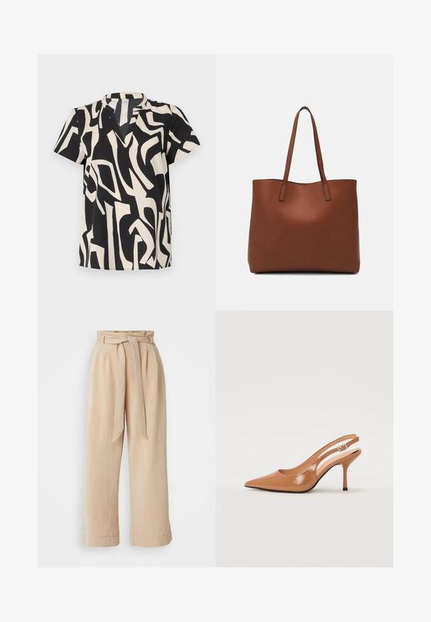 Kratki rukav, krem i crne boje, sa apstraktnim uzorkom, V-izrezom i laganom tkaninom s glatkom teksturom.; Bež hlače širokih nogavica s remenom u struku, izrađene od teksturirane tkanine. Imaju prednji plis i glatki završetak uz rub.; Sandal s petom u obliku šiljastog prsta od glatkog, sjajnog smeškastog materijala. Ima zakrivljeni izrez i vitku štiklu. Detalj s srebrnom kopčom.; Smeđa kožna torba preko ramena s glatkom teksturom, otvorenim vrhom i dvjema naramenicama. Ima minimalne šavove i nema vidljivog hardvera.