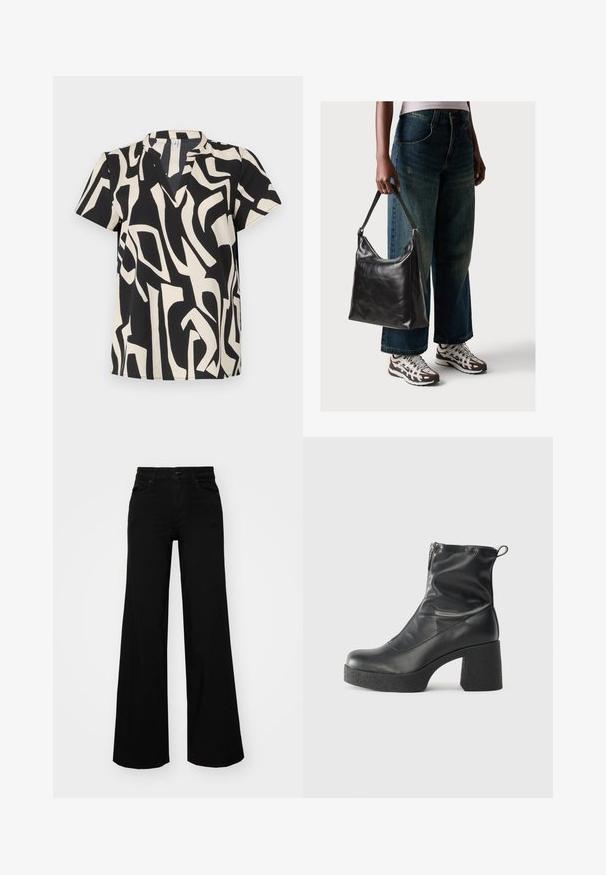 Kortermet topp i krem og svart med et abstrakt mønster, V-hals, og lett materiale med en myk tekstur.; Svart vide bukser laget av denim, med en strukturert midjebånd, beltestropper og frontlommer. Glatt tekstur med et klassisk design.; Svarte ankelstøvler laget av glatt lær, med glidelås på siden, chunky strukturert hæl, og rund tå-design.; Sort skinnveske med en glatt tekstur og justerbar stropp, kombinert med falmede vide jeans og atletiske sneakers.