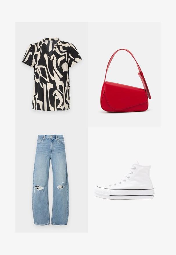 Kratki rukav, krem i crne boje, sa apstraktnim uzorkom, V-izrezom i laganom tkaninom s glatkom teksturom.; Svijetloplave, visoko-strukirane traperice. Imaju široke nogavice, dva razderana područja na koljenima i klasičan stil s pet džepova.; Bijela visoka platnena tenisica s crnom gumenom potplatom, prednjim gumenim zaštitnikom prstiju i šest rupa za vezanje, s čistim, minimalističkim dizajnom.; Crvena kožna torba s kutnim, geometrijskim dizajnom. Ima jedan podesivi remen i preklopni zatvarač sa šivenim detaljima.