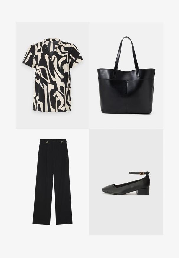 Rövid ujjú, krém és fekete árnyalatú felső, absztrakt mintával, V-nyakkivágással és könnyű, sima textúrájú anyaggal.; Fekete, bő szárú nadrág magas derékkal, gombos részletekkel a derékrészen és elülső pliszékkal.; Fekete bőr magassarkú cipő hegyes orral és alacsony tömb sarkal. Bokapánttal rendelkezik, aranyszínű csattal. Simább textúra.; Fekete bőr bevásárlótáska két hosszú fogantyúval, sima felülettel és strukturált formával. Elülső zseb található rajta a plusz tárolás érdekében.