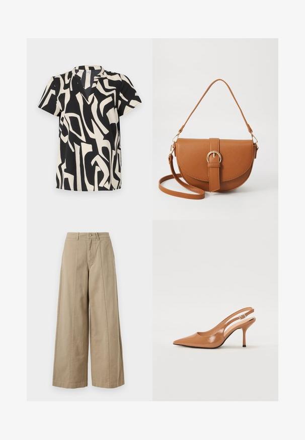 Short-sleeve top in cream and black featuring an abstract pattern, V-neckline, and lightweight fabric with a smooth texture.; Beige wide-leg trousers made of sturdy cotton, featuring a button closure, belt loops, and clean front pleating with no visible pockets.; Pointed toe slingback heel in a smooth, glossy tan material. Features a curved cutout design and a slender stiletto heel. Silver buckle detail.; Brown leather crossbody bag with a curved shape, gold hardware, and a buckle accent. Features a detachable shoulder strap.