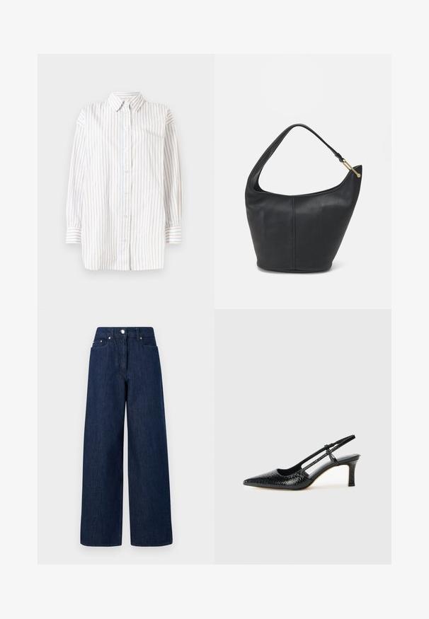 Knie-skjorte med lange ermer, med vertikale striper i hvit, lyseblå og lys rosa. Lett stoff med krage.; Høyt liv, mørkeblå vidde jeans med knappeåpning, frontlommer og beltehemper på hvit bakgrunn.; Sorte patent slingback hæl med spids tå, featuring tekstureret slangeskind, justerbar rem og en kort, tekstureret blokhæl.; Svart lærveske med en rund form, bred stropp og strukturert overflate. Har en subtil sømdetalj og gullfarget beslag.