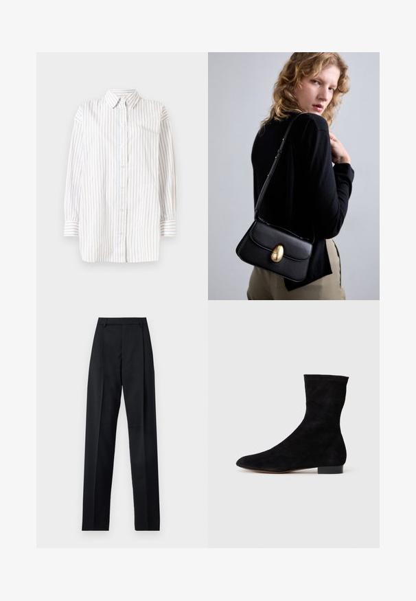 Marškiniai su mygtukais, ilgomis rankovėmis, su vertikaliomis juostomis balta, šviesiai mėlyna ir šviesiai rožine spalvomis. Lengvas audinys su apykakle.; Juodos kelnės iš lygaus audinio, pasižyminčios aukštu liemeniu, plačiomis kojomis, priekinėmis klostėmis ir klasikiais diržo kilpomis. Šoninių kišenių nematyti.; Juoda zomšo kulkšnė su prigludusia ašimi, smailiu pirštu ir žemu bloku. Lygus paviršius ir minimalistiškas dizainas, tinkantis įvairiems stiliams.; Juodos odinės rankinės su išlenktu siluetu, turinčios ryškų auksinį ovalų sagtį, reguliuojamą dirželį ir minimalistišką dizainą.