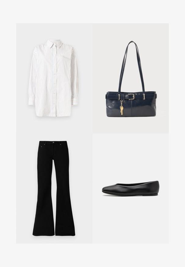 Button-up shirt with long sleeves, featuring vertical stripes in white, light blue, and light pink. Lightweight fabric with a collared neck.; Black flared jeans made from denim, featuring a classic five-pocket design, button closure, and subtle stitching details along the seams.; Paul Smith TOPANGA - Ballet pumps - black; Navy leather handbag with two long handles, a buckle detail, and a keychain attached. Features a smooth texture and a rectangular shape.