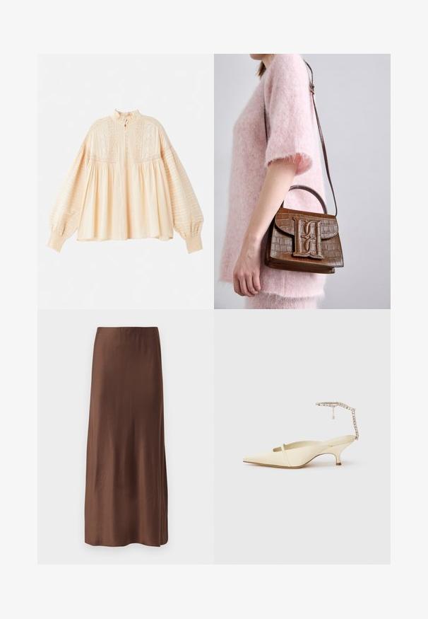 Vanessa Bruno DAHLIA - Μπλούζα - beige; Καφέ σατέν μίντι φούστα με λεία υφή, διαθέτοντας ίσια γραμμή και χωρίς ορατά σχέδια ή διακοσμήσεις. Απλός και κομψός σχεδιασμός.; Κρέμ φασής γόβες με ανοιχτή πίσω πλευρά, λεπτή μπροστινή λωρίδα και κοσμημένο λουράκι στον αστράγαλο σε λευκό φόντο.; Καφέ τσάντα από δέρμα κροκοδείλου με λαβή στην κορυφή και ιμάντα ώμου. Διαθέτει έντονο λογότυπο στην μπροστινή πλευρά. Μαλακή υφή.