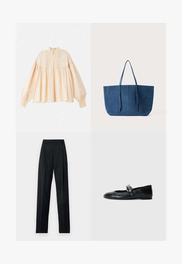 Vanessa Bruno DAHLIA - Pusero - beige; Musta housut, jotka on valmistettu sileästä kankaasta ja joissa on korkea vyötärö, leveät lahkeet, etukaarteet ja klassiset vyölenkit. Ei näkyviä sivutaskuja.; Mustat nahka ballet-mokkasiinit, joissa on kärjellinen muoto, ympyrämäinen metallinen solki ja tasapohja.; Sininen mokkakankainenolma, jossa on kaksi pitkää kahvaa, suorakulmainen muoto, sileä pinta, minimalistinen muotoilu, edessä on hillitty logo.
