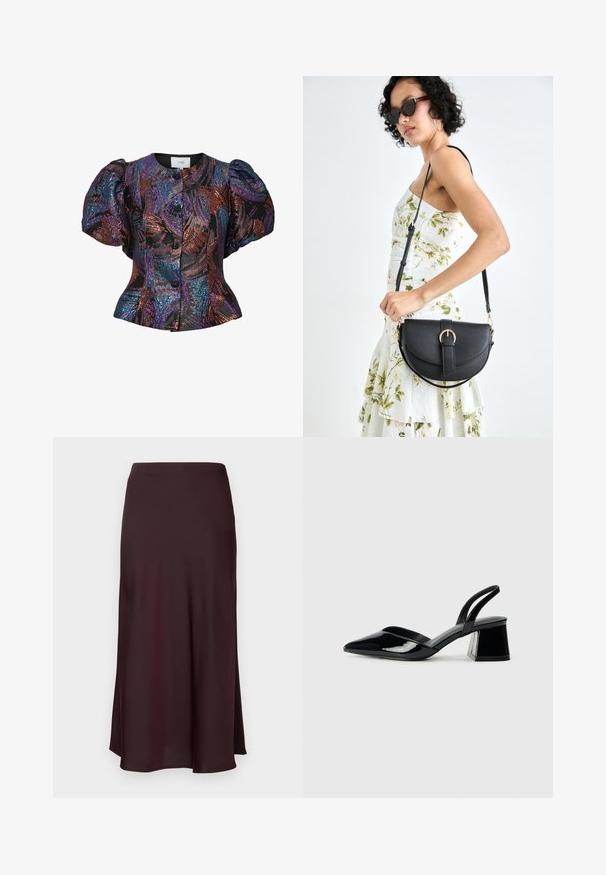 Bluza s pufastim rukavima u crnoj boji s višebojnim šljokicama, s okruglim ovratnikom i prednjim kopčanjem na dugmadi. Teksturirana tkanina.; Bordo satenska midi suknja s glatkom teksturom, ravnim krojem i blago raširenim rubom. Bez vidljivih uzoraka ili metalnih detalja.; Crne lakirane kožne sandale s otvorenom petom i špicastim vrhom, s geometrijskom blok petom. Imaju elegantan, minimalistički dizajn i glatku teksturu.; Crna kožna torba s lukovitim oblikom, odvojivim remenom i zlatnim detaljima. Torba ima preklop s kopčom.