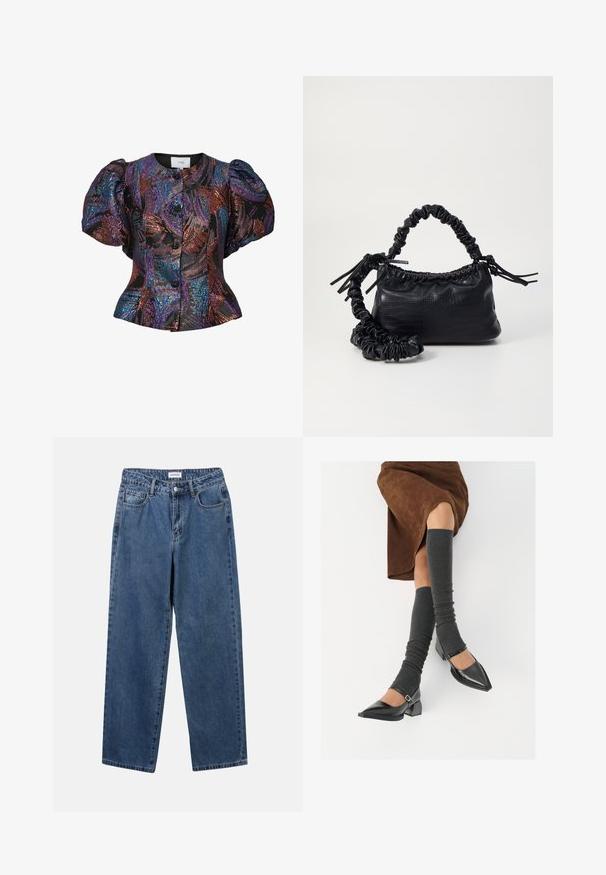 Blůza s nafouknutými rukávy v černé barvě s barevnými flitrovými vzory, zakončená kulatým límcem a zapínáním na knoflíky vpředu. Texturovaná tkanina.; Klasické modré džíny z denimu se střihy rovné nohy, pěti kapsami a zapínáním na knoflík. Mají střední odstín a odolnou texturu.; Černé lakované boty s špičatou špičkou, blokovým podpatkem a kotníkovým páskem, spárované s šedými žebrovanými návleky na nohy a hnědskou sukní z semiše.; Černá kabelka z umělé kůže s krokodýlím vzorem, staženým vrškem a zmačkaným popruhem. Zdá se, že má měkký a kompaktní design.