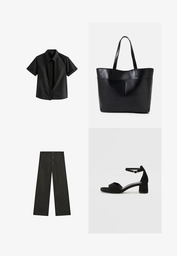 Schwarzes Kurzarmhemd aus glattem Stoff mit spitzem Kragen, frontaler Knopfleiste und dezenten Seitennähten.; Schwarz-weiße, weit geschnittene Jeans mit mittelhohem Bund, zwei Vorderentaschen und einem klaren, minimalistischen Design ohne sichtbare Verzierungen.; Schwarze Wildleder-Espadrilles mit einem dünnen Knöchelriemen, offener Zehenpartie und moderatem Blockabsatz. Glatte Textur und minimale Akzente.; Schwarze Leder-Shopper-Tasche mit zwei langen Griffen, einer glatten Textur und einer strukturierten Form. Verfügt über eine Vordertasche für zusätzlichen Stauraum.