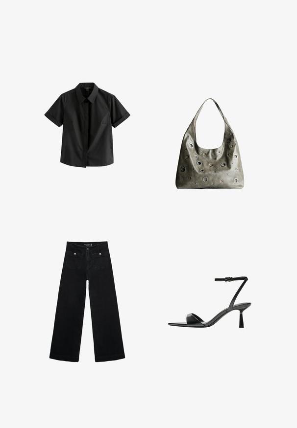 Camicetta nera a maniche corte realizzata in tessuto liscio, con colletto a punta, chiusura con bottoni frontale e cuciture laterali sottili.; Jeans neri a gamba larga con vita alta, dotati di due tasche frontali e dettagli in metallo sui bottoni. Il tessuto ha una texture liscia.; Bershka Sandali con tacco - black; Borsa a tracolla in pelle verde oliva con un design morbido, caratterizzata da tagli circolari di diverse dimensioni e dettagli in tonalità più scure e più chiare.