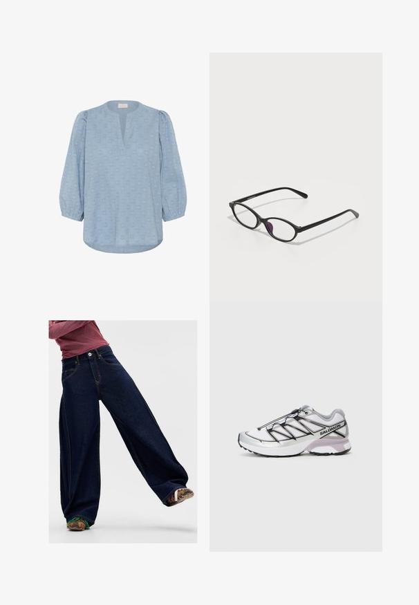 Kaffe Pluus - windward blue; Tumedatest sinisest denimist laiade sääretega teksad, millel on kontrastne õmblus, eesmine tasku ja nööbiga vöökoht. Tekstuurne kangas on nähtav.; Kerge kaalu ja valge võrkmaterjalist pealispinnaga jooksujalats, hallid aktsendid ja must kinnitus; omab tekstureeritud tallaosa libisemisvastase haardumise tagamiseks.; Mustad mustast plastist prillid ovaalse kujuga, selge klaasiga ja ühe lilla aktsendiga vasakul klaasil. Elegantne ja minimalistlik disain.; Must mustrakk nahkrist raha, millel on kaks hõbedast nööpi, tikitud detailid ja reguleeritav rihm. Ristkülikukujuline kuju ja klapi sulgemine.