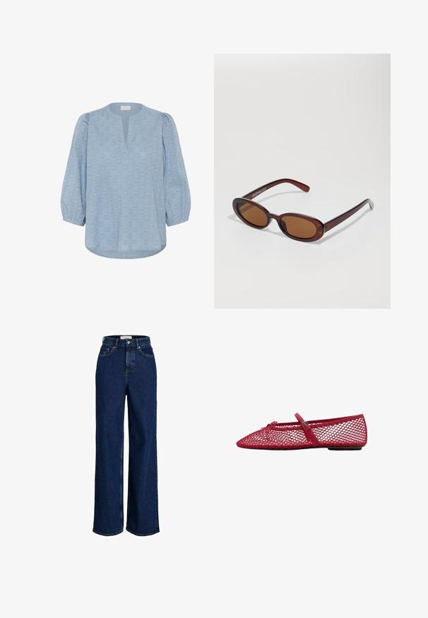 Kaffe Blouse - windward blue; High-waisted, dark blue denim jeans with wide legs, front button, and five-pocket design.; Red mesh ballet flats with a pointed toe, featuring a thin strap and buckle detail. The upper has an open, honeycomb pattern.; Round, brown-tinted sunglasses with a glossy burgundy frame. Slim arms with subtle branding detail. Flat lens design.