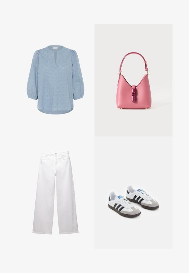 Kaffe Bluse - windward blue; Weiße weit geschnittene Jeans aus Denim. Mit Knopfverschluss, Vorder- und Gesäßtaschen sowie gesteppten Nähten. Glatte Textur mit minimalen Details.; Sportschuhe mit einem Obermaterial aus weißem Leder, grauer Wildleder-Zehenkappe und drei schwarzen Streifen. Sie verfügen über ein blaues Logo auf der Zunge und eine strukturierte Gummisohle.; Rosa Lederhandtasche mit strukturiertem Design, ausgestattet mit einem glänzenden Verschluss und einem einstellbaren Gurt. Texturierte Oberfläche mit goldfarbenen Beschlägen.