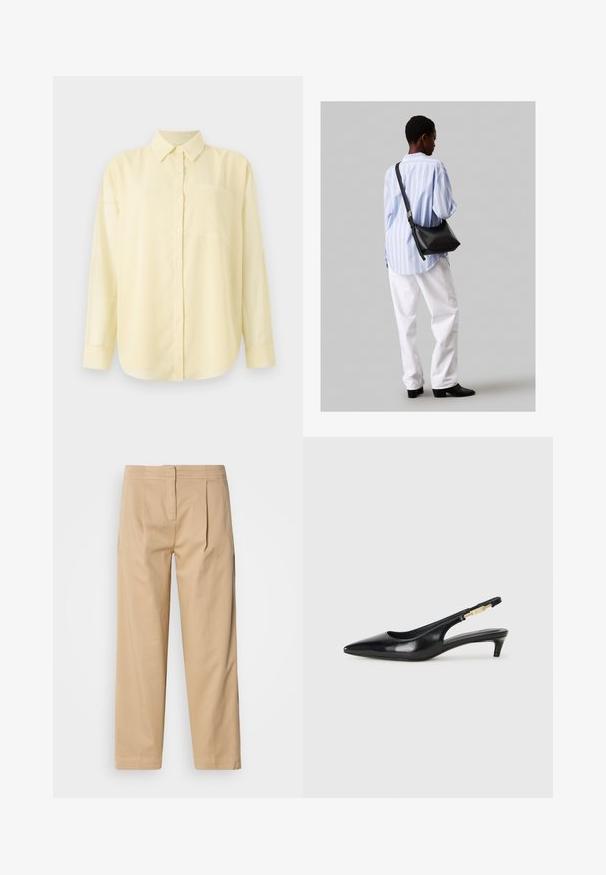 Cămașă galbenă cu mânecă lungă și guler, cu butoane în față și un buzunar aplicat pe partea stângă, fabricată dintr-un material ușor și neted.; Pantaloni bej din bumbac, cu o croială relaxată, prezentând două pliseuri frontale, un picior drept și o închidere clasică cu nasture la talie.; Sandale slingback din piele neagră cu vârf ascuțit, având un toc subțire și un accent de culoare aurie pe curea ajustabilă. Textură netedă.; Geantă de umăr din piele neagră cu o textură moale, formă triunghiulară și curea ajustabilă, asortată cu o bluză cu dungi albastre deschise și pantaloni albi.