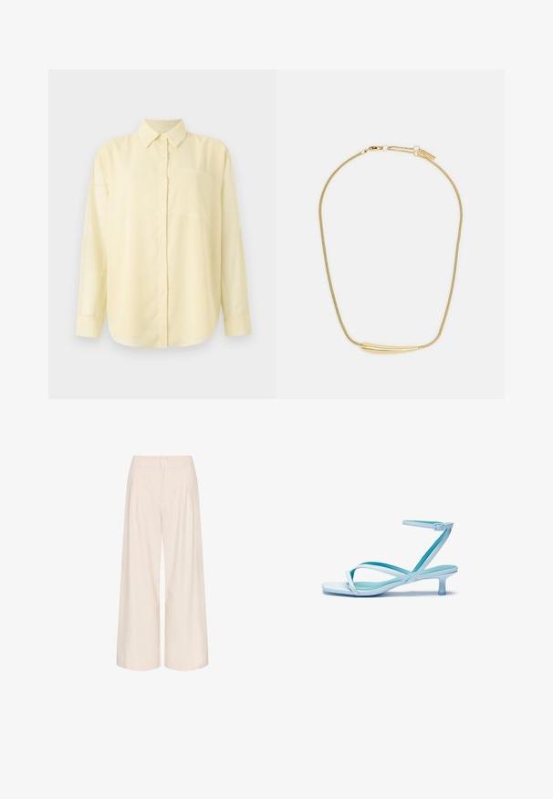 Dzeltena garas piedurknes krekls ar apkakli, priekšpusē ar pogām un kreisajā pusē ar kabatu, izgatavots no gludas, vieglas auduma.; Kréma krāsas platās kājas bikses ar griezumiem, izgatavotas no gludas auduma. Iezīmes augstas vidukļa līnija un sānu kabatas funkcionālai lietošanai.; Gaiši zila sandale ar siksnām, kvadrātveida purngalu, zemu papēdi, regulējamu potītes siksnu un gludu, spīdīgu apdari. Siksnas krustojumā uz zolītes.; Zelta apšuvuma kaklarota ar gludu, izliekta centrālo akcentu. Iekļauj elastīgu ķēdi ar homaru slēdzeni un papildu regulējamām ķēdes saitēm.; Zelta apšuvuma kaklarota ar gludu, izliekta centrālo akcentu. Iekļauj elastīgu ķēdi ar homaru slēdzeni un papildu regulējamām ķēdes saitēm.