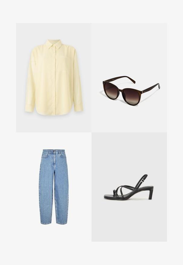Geltona ilga rankovė su apykakle marškiniai su priekiniais mygtukais ir kišene kairėje pusėje, pagaminti iš lygaus, lengvo audinio.; Šviesiai mėlynos, aukšto liemens džinsai su laisvu kirpimu, tiesiomis kojomis, penkiais kišeniais ir subtiliu išblukimu ant šlaunų.; Juodi šlepetės su kvadratiniu pirštu ir žemu bloku kulnu. Yra keli ploni dirželiai ir reguliuojamas kulkšnies diržas. Pagaminti iš lygios odos.; Rudų gradientų saulės akinius su dideliais apvaliais objektyvais, blizgančiais glaustiniais rėmeliais ir elegantiškomis kojelėmis, turinčiomis subtilių metalinių akcentų.; Mėlyna audinio rankinė su raštu, turinti išlenktą formą, juodą odinį dirželį ir logotipo dizainą šviesesnėmis spalvomis.