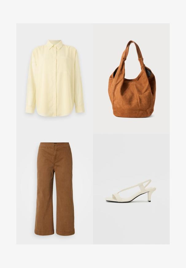 Geltona ilga rankovė su apykakle marškiniai su priekiniais mygtukais ir kišene kairėje pusėje, pagaminti iš lygaus, lengvo audinio.; Rudos plačiakojai kelnės, pagamintos iš minkštos medžiagos su lygiu paviršiumi, turinčios aukštą liemenį ir siuvinėtus akcentus.; Kreminės blokų kulno šlepetės su plonomis dirželiais ir kvadratiniu pirštu. Lygus medžiaga su minimaliais akcentais, sukurtos lengvam dėvėjimui.; Rudas zomšinis petinis krepšys su minkštu paviršiumi, išlenkta forma ir dviem rankenomis. Ypatybių sąraše minimalus dizainas be matomų metalinių detalių ar akcentų.