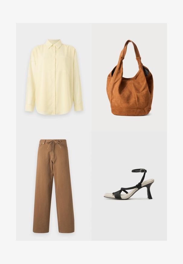 Rumena srajca z dolgimi rokavi in ovratnikom, z gumbi spredaj in obližem žepom na levi strani, izdelana iz gladkega, lahkega materiala.; Rjave hlače širokega kroja, izdelane iz bombaža, z elastičnim pasom na vrvico in dvema sprednjima žepoma. Tekstura blaga z gladko površino.; Črne sandale na visoki peti z prepletenim trakom, kvadratnim nosom in nastavljivim gležnjenjem. Svetlo bež podplat z sijajno črno peto.; Rjava semiš torba za ramo z mehkobo, ukrivljeno obliko in dvema ročajema. Ima minimalen dizajn brez vidnih kovinskih delov ali okrasnih elementov.