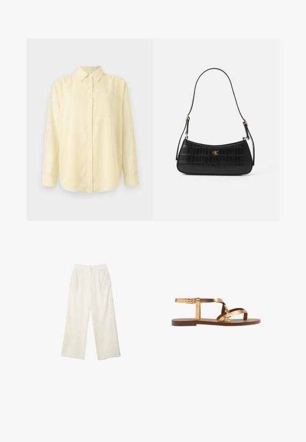 Yellow long-sleeve collared shirt with front buttons and a patch pocket on the left side, made from smooth, lightweight material.; Wide-leg trousers in cream fabric with a smooth texture, featuring a single front button, subtle pleats, and a high waist design.; Gold metallic flat sandals with multiple wide straps, a buckled ankle strap, and a brown flat sole. Smooth texture throughout.; Black leather handbag with crocodile texture, slim shape, and gold hardware. Features a single shoulder strap and embossed logo detail.