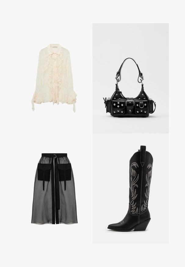 Mango DOLL - Blusa - off-white; Falda negra transparente con una cinturilla fruncida, que presenta dos grandes bolsillos frontales, un lazo en la cintura y un acento metálico circular.; Botas de cowboy de cuero negro con puntas afiladas, tacones cuña y patrones florales bordados en plata a lo largo del caña. Costuras en contraste por toda la bota.; Bolso de mano de cuero negro con un diseño curvado, que cuenta con tachuelas plateadas, una hebilla y dos bolsillos laterales. Correa ajustable para opciones de transporte.