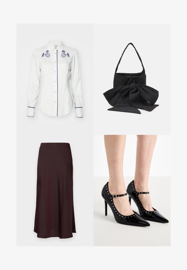 Biela košeľa s dlhými rukávmi vyrobená z látky, so fialovým kvetinovým vyšívaním na golieri a manžetách, s gombíkovým zapínaním a kontrastným lemovaním.; Burgundská saténová midi sukňa s hladkou textúrou, priamym strihom a mierne rozšíreným spodným okrajom. Žiadne viditeľné vzory ani kovové detaily.; Čierne lakované lodičky s špičatými prstami, členkovými popruhmi a kovovými cvokmi okolo okrajov. Úzke ihlové podpätky.; Čierna textilná kabelka s viazanou mašľou, zaobleným tvarom, textúrovaným povrchom s drobnými vzormi a jedným tenkým uchom.; Náušnice v zlatom odtieni v tvare listu s troma kamienkami: biely perla, čierny kameň a väčšia biela perla, s textúrovanými listami.