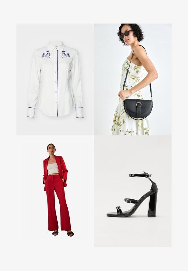 Långärmad vit skjorta i tyg, med lila blommönsterbroderi på kragen och ärmsluten, med knappstängning och en kontrasterande kant.; Röd skräddarsydd kavaj och matchande utsvängda byxor, kombinerade med ett vitt kort maglinne. Slät tyg med strukturerad design, med sidofickor.; Svarta lackerade klacksandaler med fyrkantig tå, ankelremmar och silverfärgade spännen. Har en kraftig blockklack för stabilitet.; Svart läderhandväska med en böjd form, avtagbar rem och guldiga detaljer. Väskan har ett lock med en spänndetalj.