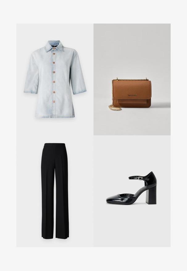 Világoskék farmering rövid ujjakkal, gombos elülső résszel és két oldalsó zsebből áll. Klasszikus gallérral és rézszínű gombokkal rendelkezik.; Fekete, széles szárú nadrág sima tapintással, magas derékkal és középen pliszével. Nincsenek látható minták vagy fém részletek.; Fekete patent bőr, magas sarkú cipők négyzetes orral, bokapánttal és vastag sarkal. A szélén lyukacsos díszítéssel.; Barna textúrájú bőr keresztbody táska arany lánc pánttal és fedélzárral. Az elején logó részlet és egy zseb található a fedél alatt.