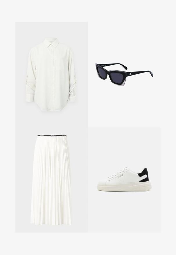 Witte blouse met lange mouwen, knoopsluiting en een kraag, met een enkel borstzakje en opgerolde mouwen. Zachte, gladde stof en ontspannen pasvorm.; Plisséminirok in het wit met een zwarte elastische tailleband met het "LACOSTE"-logo. Middellange ontwerp met een zachte textuur.; Witte leren sneakers met een dikke witte zool, zwarte suède hielaccent en een geperst logo op de zijkant. Vetersluiting met zes oogjes.; Zwarte oversized zonnebril met een geometrische vorm, voorzien van donkere glazen en een contrasterend grijs detail op het montuur. Logo op de arm.