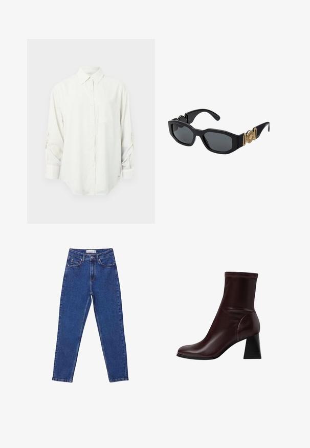 Weißes Langarmhemd mit Knopfleiste und Kragen, einer einzelnen Brusttasche und hochgekrempelten Ärmeln. Weicher, glatter Stoff und entspannter Schnitt.; Hochgeschnittene blaue Jeans aus Denim mit geradem Bein, Vorderaschen und einer dezenten, ausgeblichenen Textur.; Stradivarius BLOCK - Stiefelette - dark red; Schwarze Sonnenbrille mit einem massiven geometrischen Rahmen, dunklen Gläsern und goldenen Metallelementen an den Bügeln, die ein rundes Emblemdetail aufweisen.; Weiße Lederhandtasche mit goldenen Beschlägen, einer Klappe an der Vorderseite und schwarzem Rand, ausgestattet mit einer Kettenriemen, der quer über den Körper getragen wird, kombiniert mit einem hellblauen Hemd.