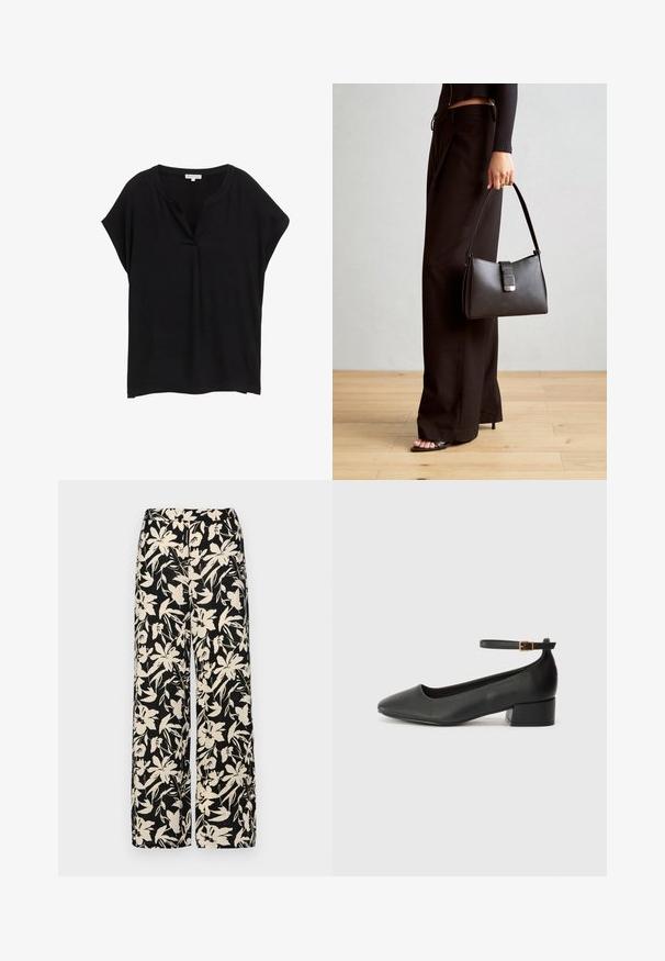 Schwarzes Kurzarmoberteil mit V-Ausschnitt, aus leichtem Stoff gefertigt, mit lockerer Passform und subtiler Drapierung an den Schultern.; Schwarzes Kurzarmoberteil aus glattem Material, mit einem Peplum-Design und einem taillierten Bund, der mit zwei runden, silberfarbenen Knöpfen ausgestattet ist.; Schwarze weit geschnittene Hose mit einem cremefarbenen Blumenmuster. Hergestellt aus leichtem Stoff, mit einer glatten Textur und einem hohen Bund.; Schwarze Lederpumps mit spitzem Zehenbereich und niedrigem Blockabsatz. Mit einem Knöchelriemen und einer goldfarbenen Schnalle. Glatte Textur.; Schwarze Handtasche mit strukturierter Form, glatter Textur und einem metallischen Verschluss. Kombiniert mit weiten schwarzen Hosen und offenen Sandalen auf einem Holzboden.